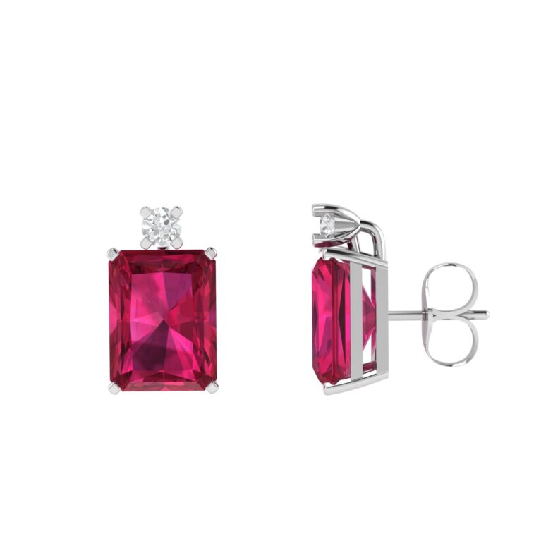 Minimalist Emerald-Cut Ruby Earrings with Elegant Diamond Side Accents in 18K White Gold (6.3ct)