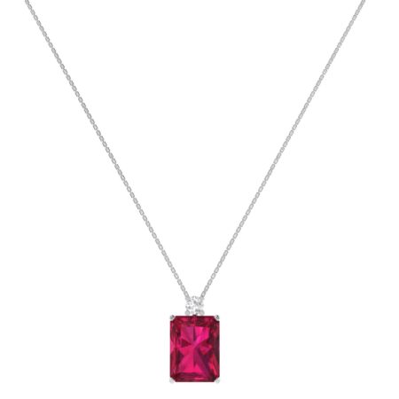 Minimalist Emerald-Cut Ruby Necklace with Elegant Diamond Side Accents in 18K White Gold (3.15ct)