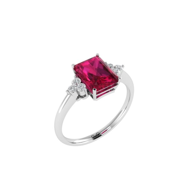 Trio Minimalist Emerald-Cut Ruby Ring with Elegant Diamond Side Accents in 18K White Gold (3.15ct)