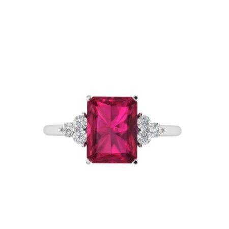 Trio Minimalist Emerald-Cut Ruby Ring with Elegant Diamond Side Accents in 18K White Gold (3.15ct)
