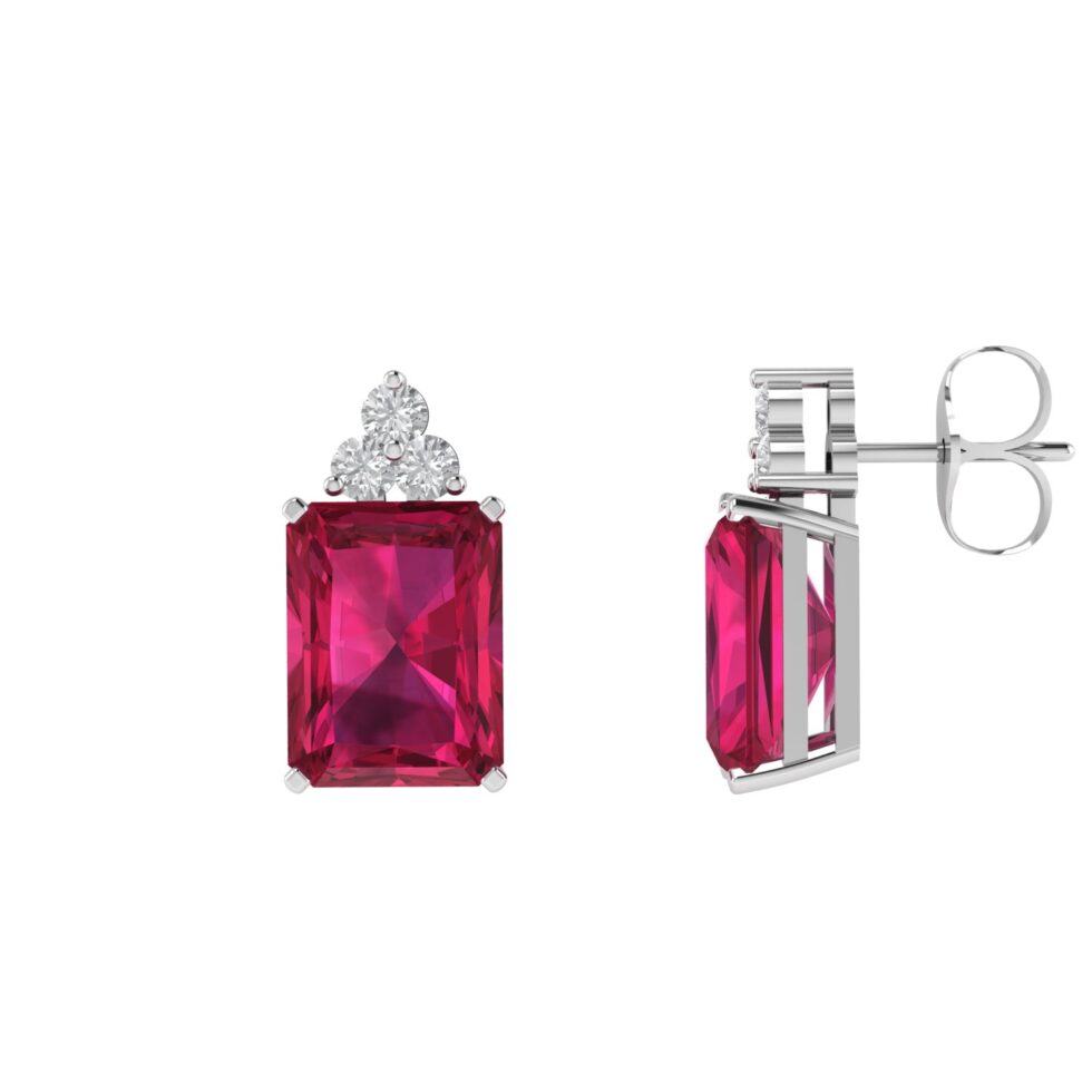 Trio Minimalist Emerald-Cut Ruby Earrings with Elegant Diamond Side Accents in 18K White Gold (6.3ct)