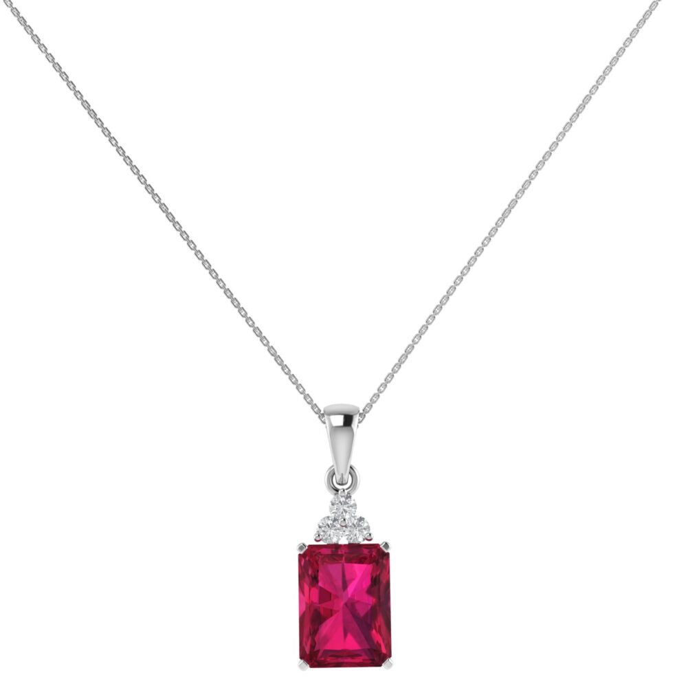 Trio Minimalist Emerald-Cut Ruby Pendant with Elegant Diamond Side Accents in 18K White Gold (3.15ct)