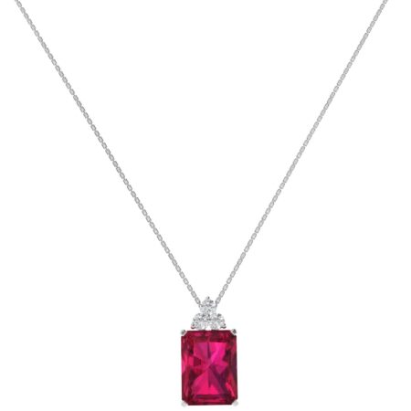 Trio Minimalist Emerald-Cut Ruby Necklace with Elegant Diamond Side Accents in 18K White Gold (3.15ct)