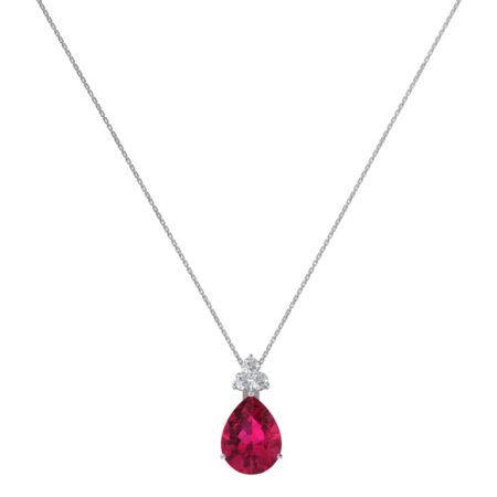 Minimalist Pear Ruby and Sparkling Diamond Necklace in 18K White Gold (3.15ct)