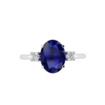 Sapphire Symphony Oval Blue Sapphire Ring with Twin Diamonds
