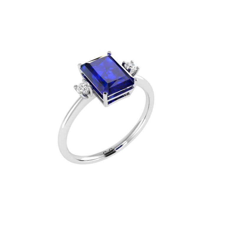 Minimalist Emerald-Cut Blue Sapphire Ring with Elegant Diamond Side Accents in 18K White Gold (3.15ct)
