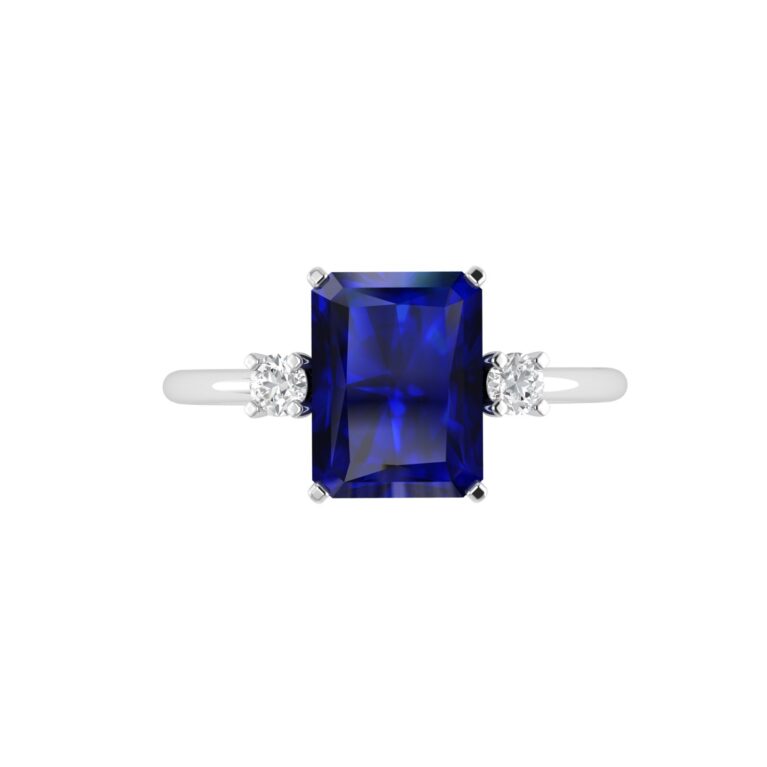 Minimalist Emerald-Cut Blue Sapphire Ring with Elegant Diamond Side Accents in 18K White Gold (3.15ct)