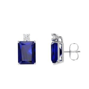 Minimalist Emerald-Cut Blue Sapphire Earrings with Elegant Diamond Side Accents in 18K White Gold (6.3ct)