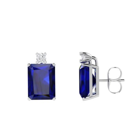 Minimalist Emerald-Cut Blue Sapphire Earrings with Elegant Diamond Side Accents in 18K White Gold (6.3ct)