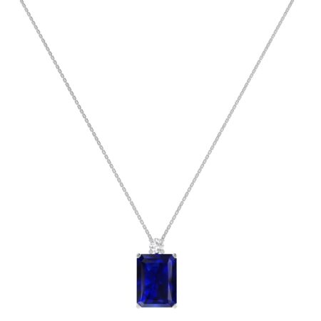 Minimalist Emerald-Cut Blue Sapphire Necklace with Elegant Diamond Side Accents in 18K White Gold (3.15ct)