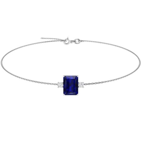 Minimalist Emerald-Cut Blue Sapphire Bracelet with Elegant Diamond Side Accents in 18K White Gold (3.15ct)
