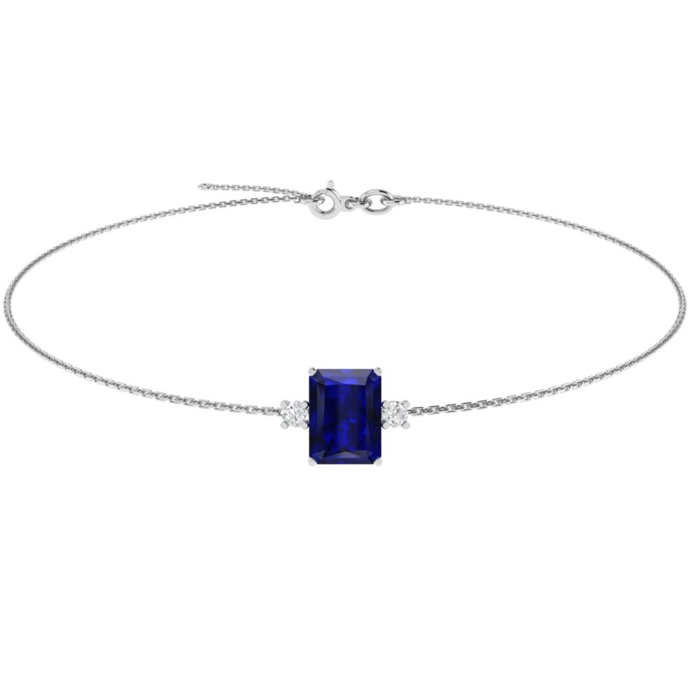 Minimalist Emerald-Cut Blue Sapphire Bracelet with Elegant Diamond Side Accents in 18K White Gold (3.15ct)