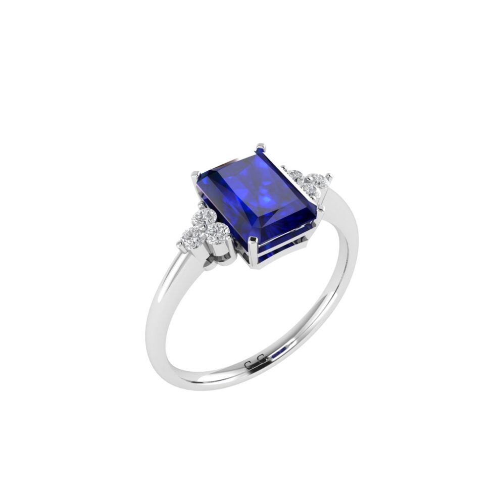 Trio Minimalist Emerald-Cut Blue Sapphire Ring with Elegant Diamond Side Accents in 18K White Gold (3.15ct)