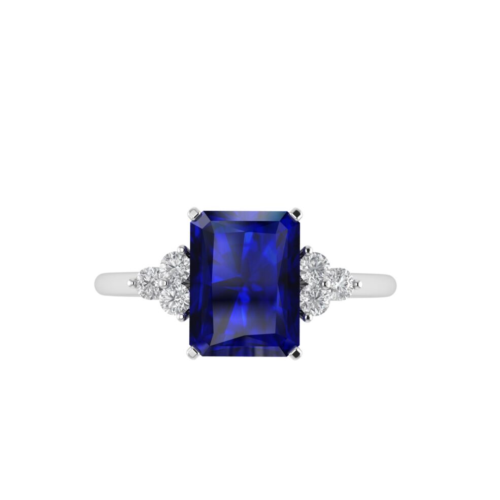 Trio Minimalist Emerald-Cut Blue Sapphire Ring with Elegant Diamond Side Accents in 18K White Gold (3.15ct)