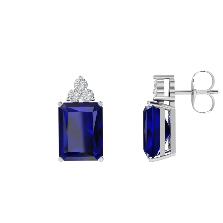 Trio Minimalist Emerald-Cut Blue Sapphire Earrings with Elegant Diamond Side Accents in 18K White Gold (6.3ct)