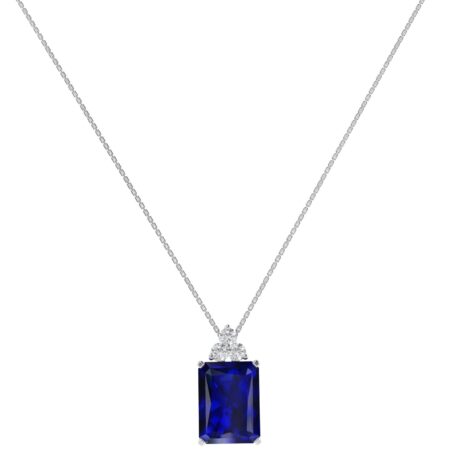 Trio Minimalist Emerald-Cut Blue Sapphire Necklace with Elegant Diamond Side Accents in 18K White Gold (3.15ct)