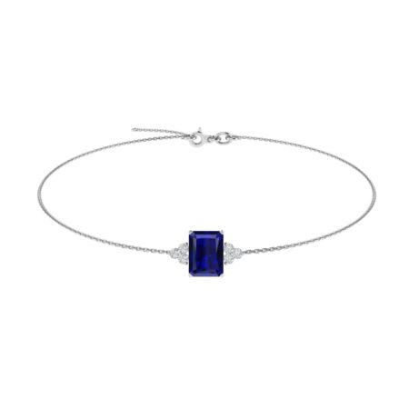 Trio Minimalist Emerald-Cut Blue Sapphire Bracelet with Elegant Diamond Side Accents in 18K White Gold (3.15ct)