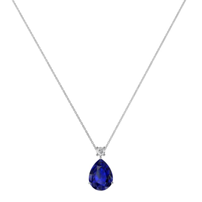 Minimalist Pear Blue Sapphire and Sparkling Diamond Necklace in 18K White Gold (3.15ct)