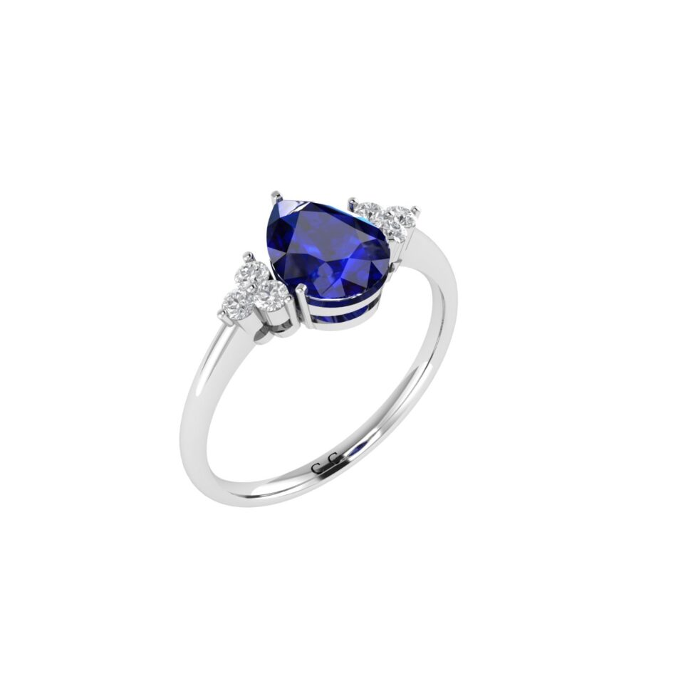 Minimalist Pear Blue Sapphire and Sparkling Diamond Ring in 18K White Gold (3.15ct)