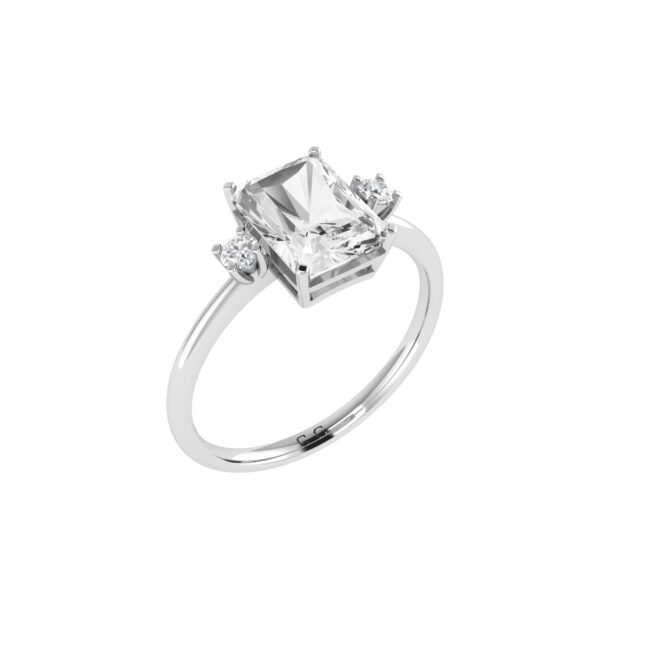 Minimalist Emerald-Cut White Topaz Ring with Elegant Diamond Side Accents in 18K White Gold (3.5ct)