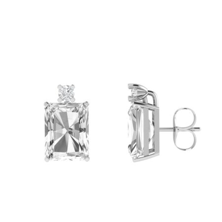 Minimalist Emerald-Cut White Topaz Earrings with Elegant Diamond Side Accents in 18K White Gold (7ct)