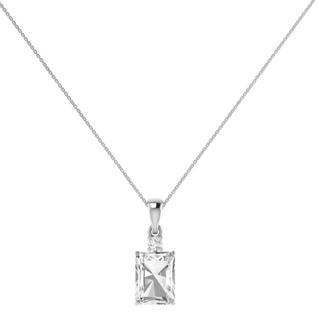 Minimalist Emerald-Cut White Topaz Pendant with Elegant Diamond Side Accents in 18K White Gold (3.5ct)