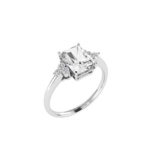Trio Minimalist Emerald-Cut White Topaz Ring with Elegant Diamond Side Accents in 18K White Gold (3.5ct)