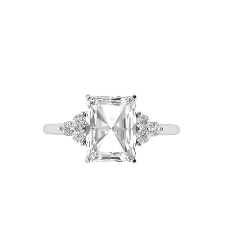 Trio Minimalist Emerald-Cut White Topaz Ring with Elegant Diamond Side Accents in 18K White Gold (3.5ct)