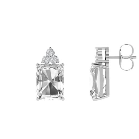 Trio Minimalist Emerald-Cut White Topaz Earrings with Elegant Diamond Side Accents in 18K White Gold (7ct)