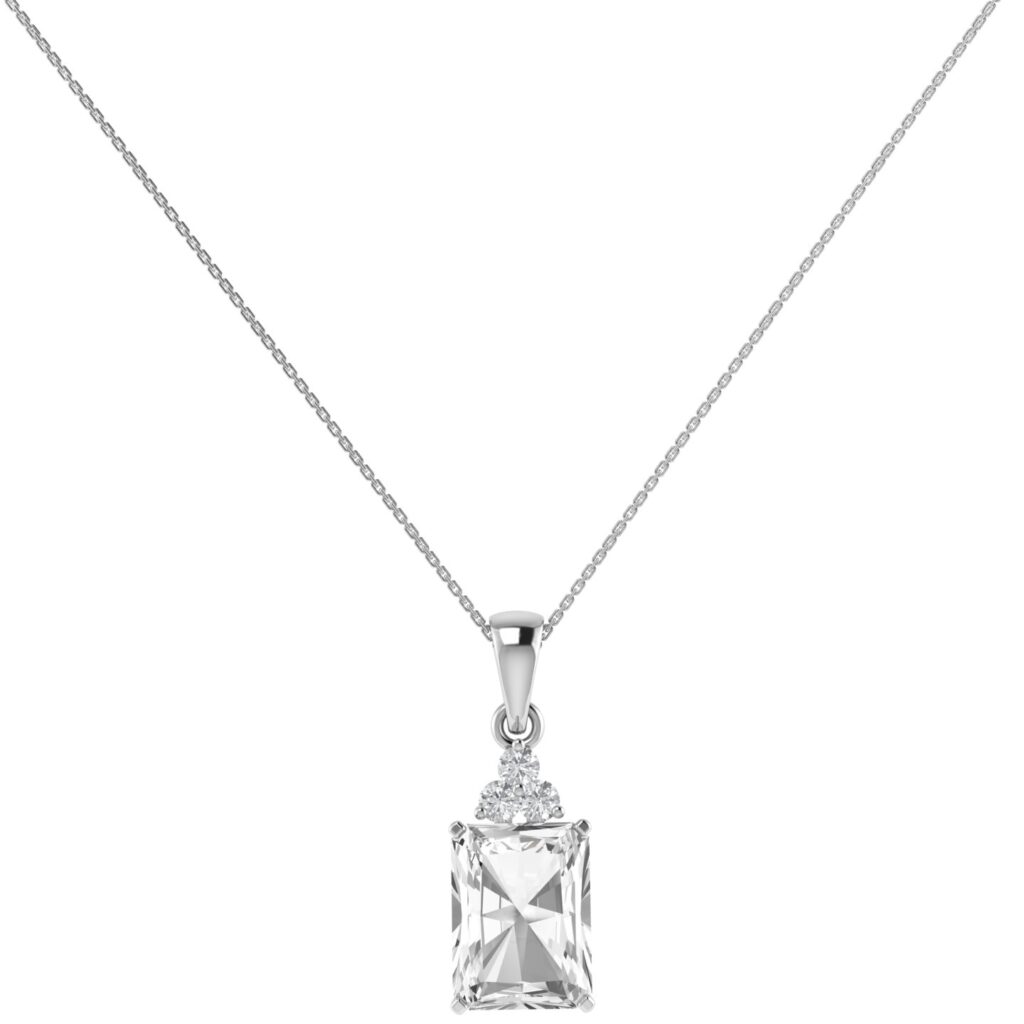 Trio Minimalist Emerald-Cut White Topaz Pendant with Elegant Diamond Side Accents in 18K White Gold (3.5ct)
