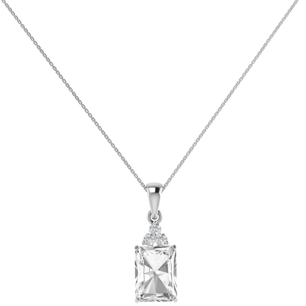 Trio Minimalist Emerald-Cut White Topaz Pendant with Elegant Diamond Side Accents in 18K White Gold (3.5ct)