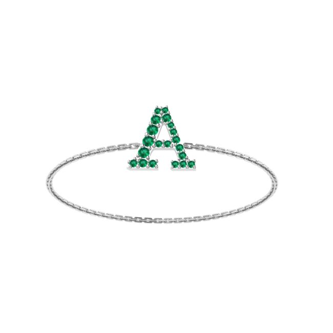 A-Z Alphabet Ring with Emerald in 18K Gold