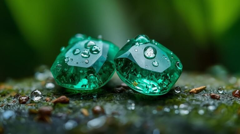 create a fine image of a emerald 2 stones with water drops in natural way