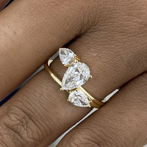 1.60ct Pear Lab Grown Diamond 3-Stone Engagement Ring 14K Yellow Gold E VVS2 IGI