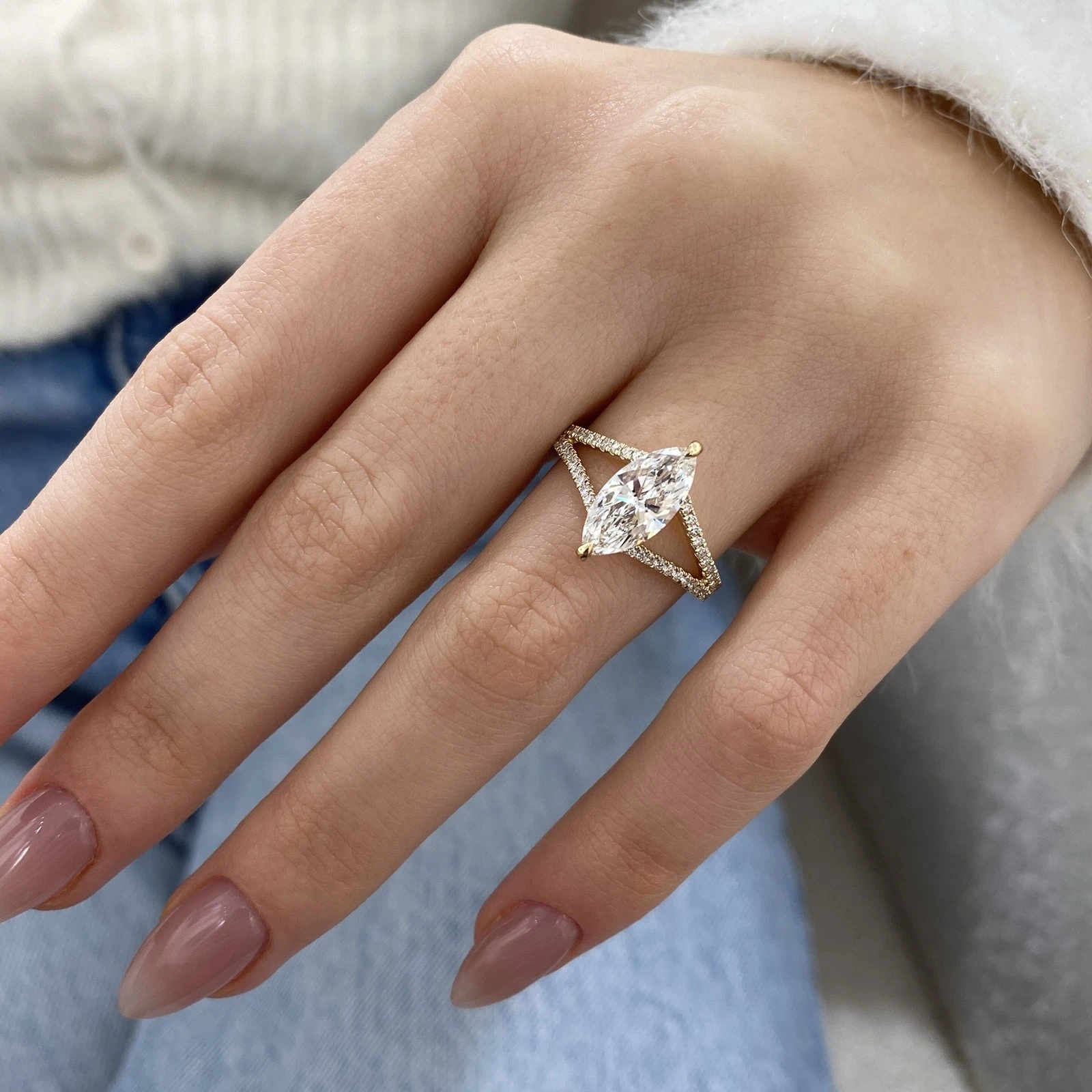 2.00 CTW Marquise Cut Lab-Grown CVD Diamond Split Shank Engagement Ring in 14k Yellow Gold - Image 2