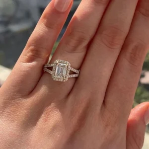 14K gold 1.5 carat emerald cut lab grown diamond engagement ring Dubai UAE IGI certified VVS2 side stone luxury ring