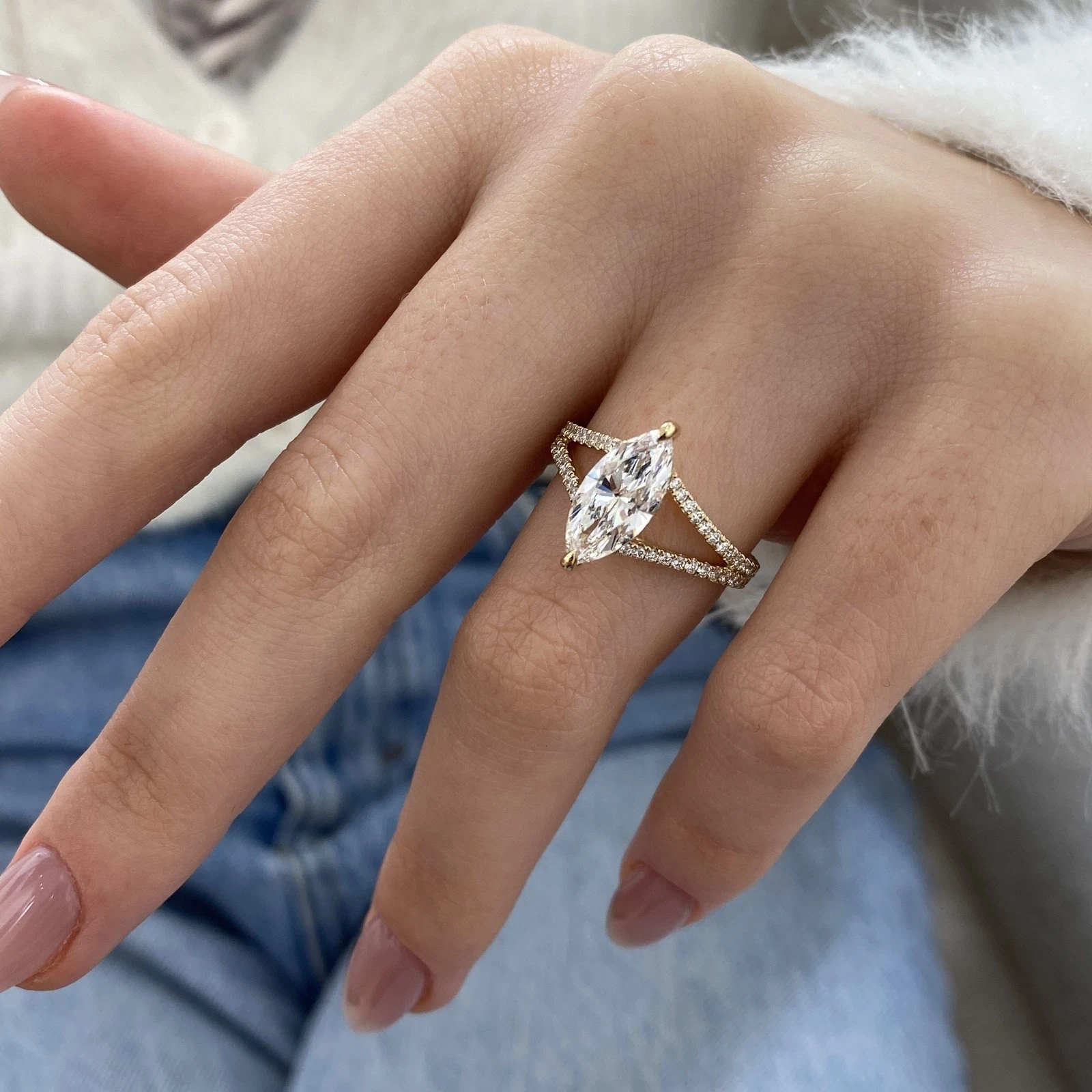 2.00 CTW Marquise Cut Lab-Grown CVD Diamond Split Shank Engagement Ring in 14k Yellow Gold - Image 3