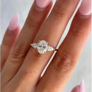 4.5 CTW Oval and Pear Lab-Grown Diamond Trilogy Engagement Ring in 14k Yellow Gold