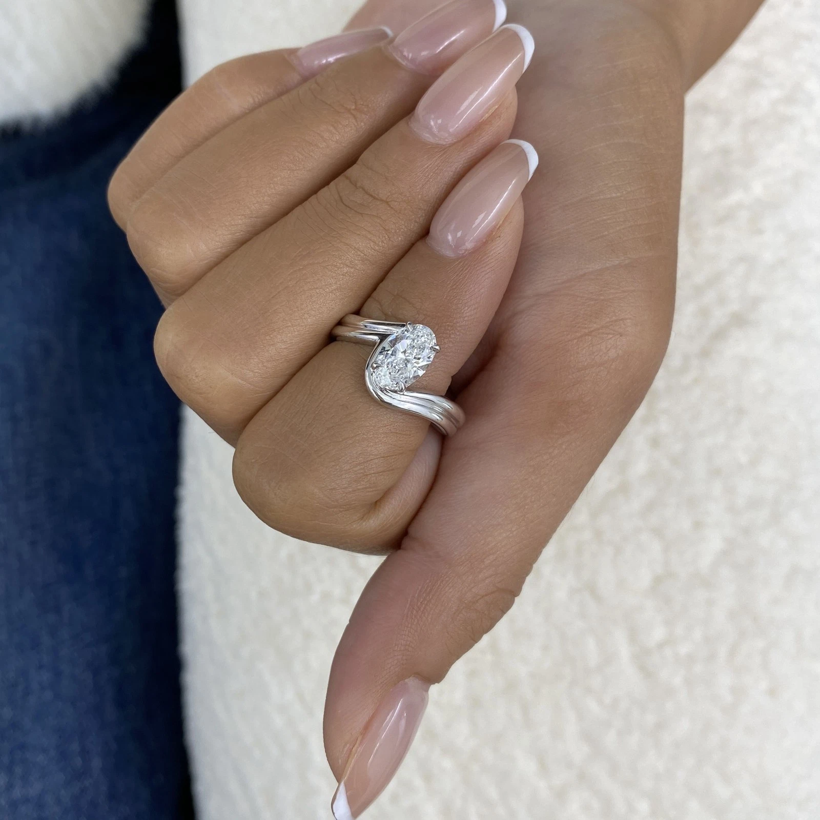 14K White Gold Bypass Engagement Ring 1ct Oval Lab-Created Diamond E VVS2 - Image 3