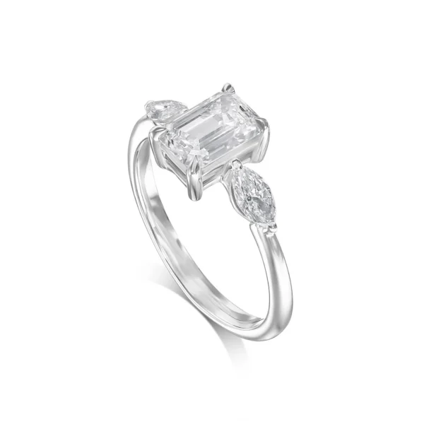 Emerald Cut Lab Grown Diamond Ring in 18K Gold Dubai UAE – 1.30 CTW 3-Stone Trilogy
