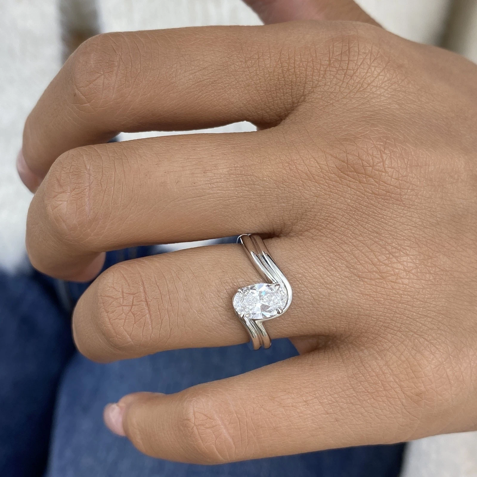 14K White Gold Bypass Engagement Ring 1ct Oval Lab-Created Diamond E VVS2