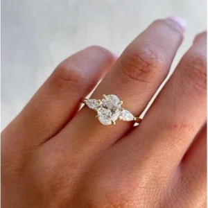 4.5 CTW Oval and Pear Lab-Grown Diamond Trilogy Engagement Ring in 14k Yellow Gold