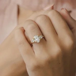 4.5 CTW Oval and Pear Lab-Grown Diamond Trilogy Engagement Ring in 14k Yellow Gold