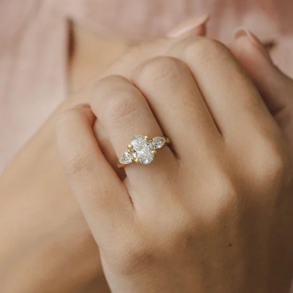 4.5 CTW Oval and Pear Lab-Grown Diamond Trilogy Engagement Ring in 14k Yellow Gold