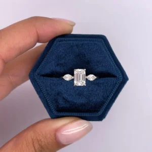 Emerald Cut Lab Grown Diamond Trilogy Ring 18K White Gold Dubai UAE