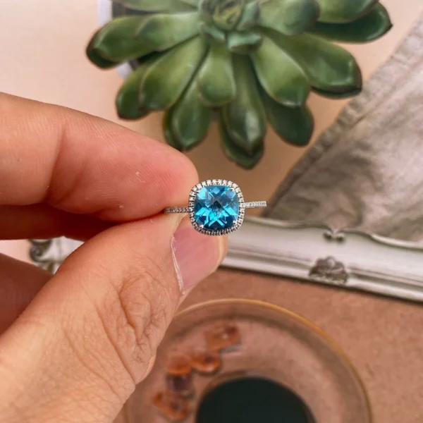 18K White Gold Natural Blue Topaz Ring w/ Diamond Accents Cushion Cut Capri Gold