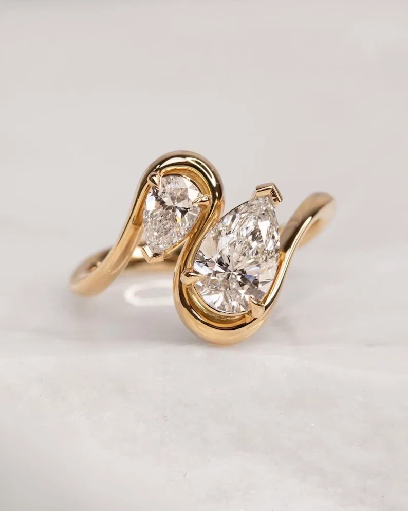 2.00 CTW Pear Cut Lab-Grown CVD Diamond Toi et Moi Engagement Ring in 14k Yellow Gold - Image 2