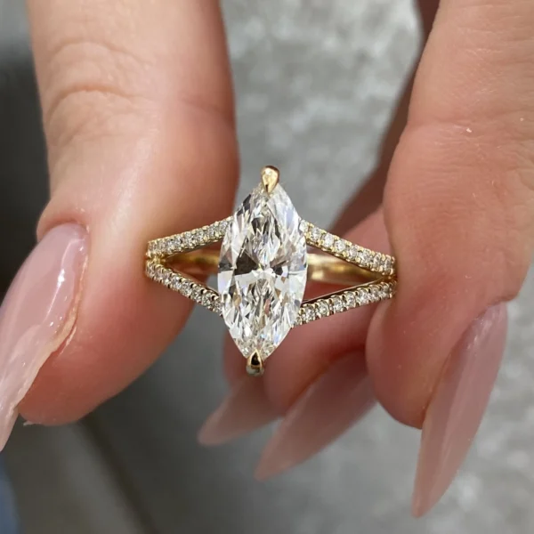 2.00 CTW Marquise Cut Lab-Grown CVD Diamond Split Shank Engagement Ring in 14k Yellow Gold