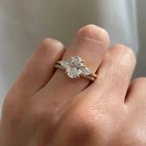 4.5 CTW Oval and Pear Lab-Grown Diamond Trilogy Engagement Ring in 14k Yellow Gold
