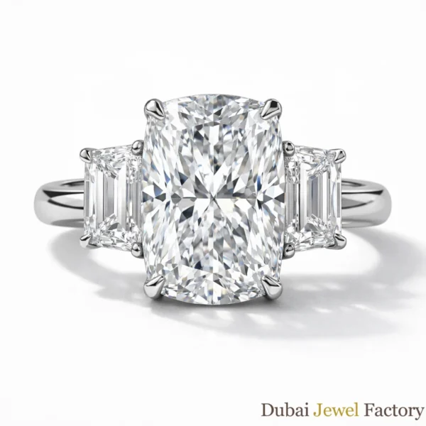 10 CT Elongated Cushion Cut E VS1 3 Stone Lab Grown Crushed Ice Engagement Ring